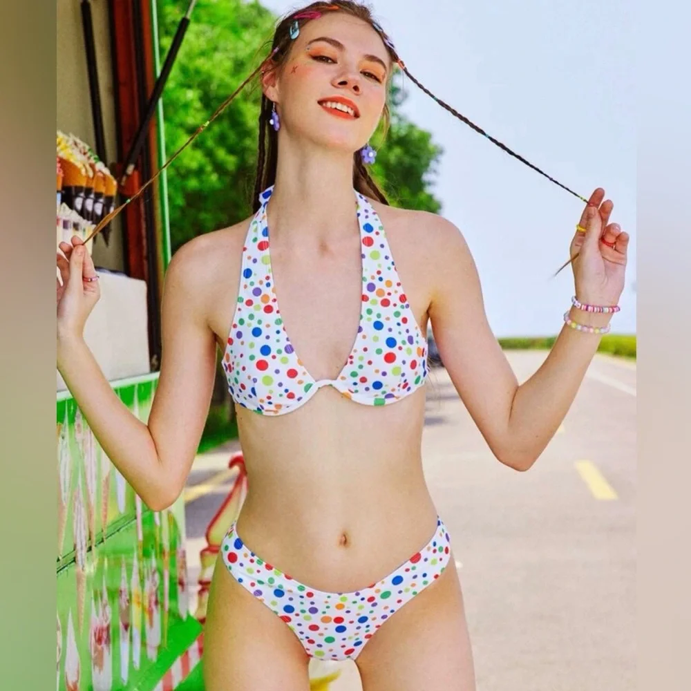 Colorful Multicolor Polka Dot Halter V Wire High Cut Bikini Size Large